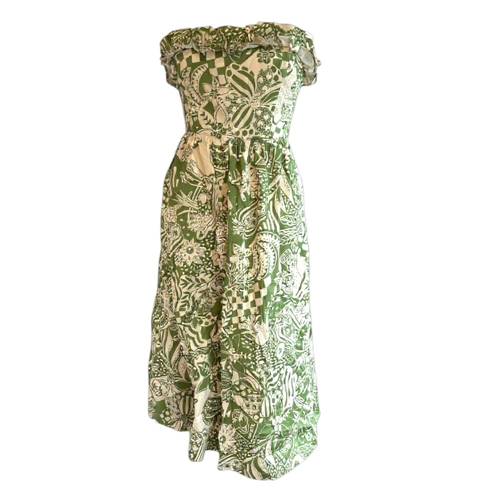 Alden Adair Catherine Dress XS Green Print Strapless Midi NWT - Picture 2 of 7